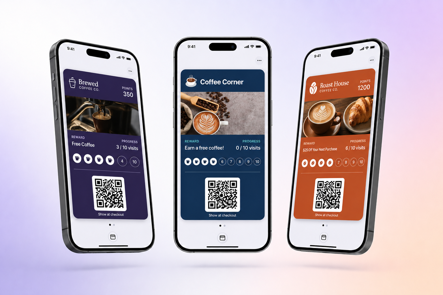 Three examples of phone wallet loyalty cards