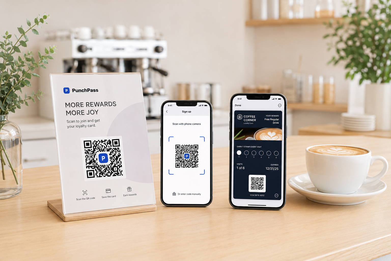 PunchPass signup QR and wallet loyalty cards displayed at a cafe counter